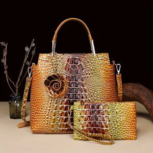 Vintage Inspired Crocodile Pattern 2 Bag Set W/ Removable Strap Vegan Leather